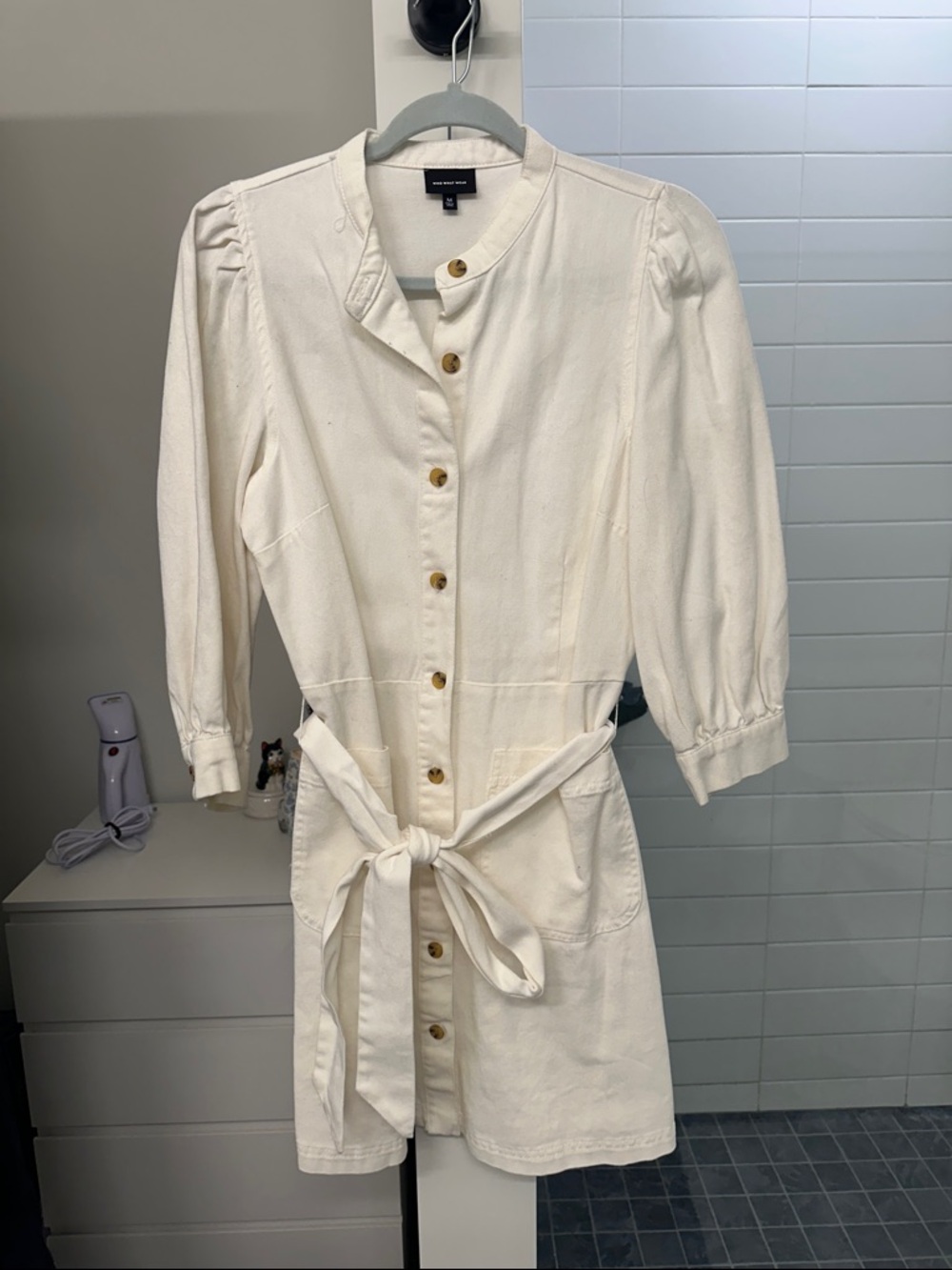 Who What Wear Cream Button-Front Mini Dress with Tie Waist